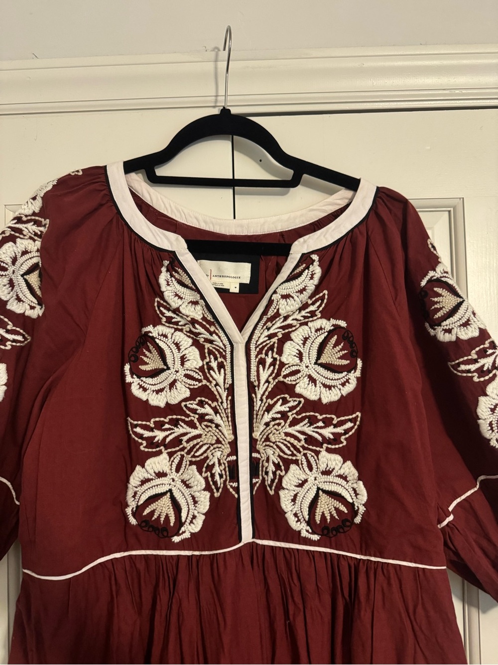 Anthropologie Burgundy Maxi Dress with White Embroidery - Picture 2 of 4